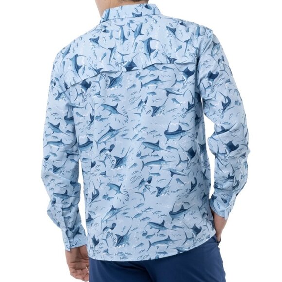 NEW Guy Harvey Fishing Shirt Men’s Size Large Powder Blue Marlin Fish Print LS - Picture 2 of 13